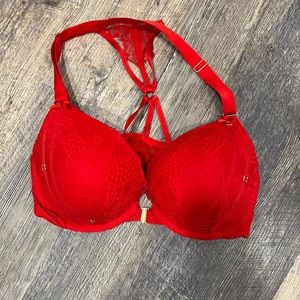 Lane Bryant/ Cacique Lace Strappy Boost Plunge red bra, red lace back